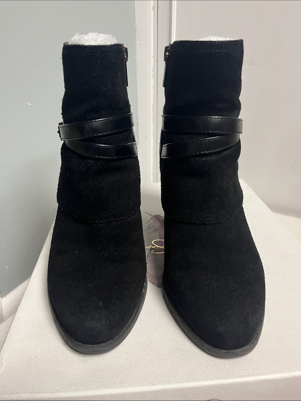 Jessica Simpson Black Suede Ankle Booties with Wrap Strap - Picture 2 of 8